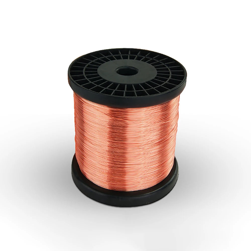 Spool of bare copper wire with a black plastic spool and cap.