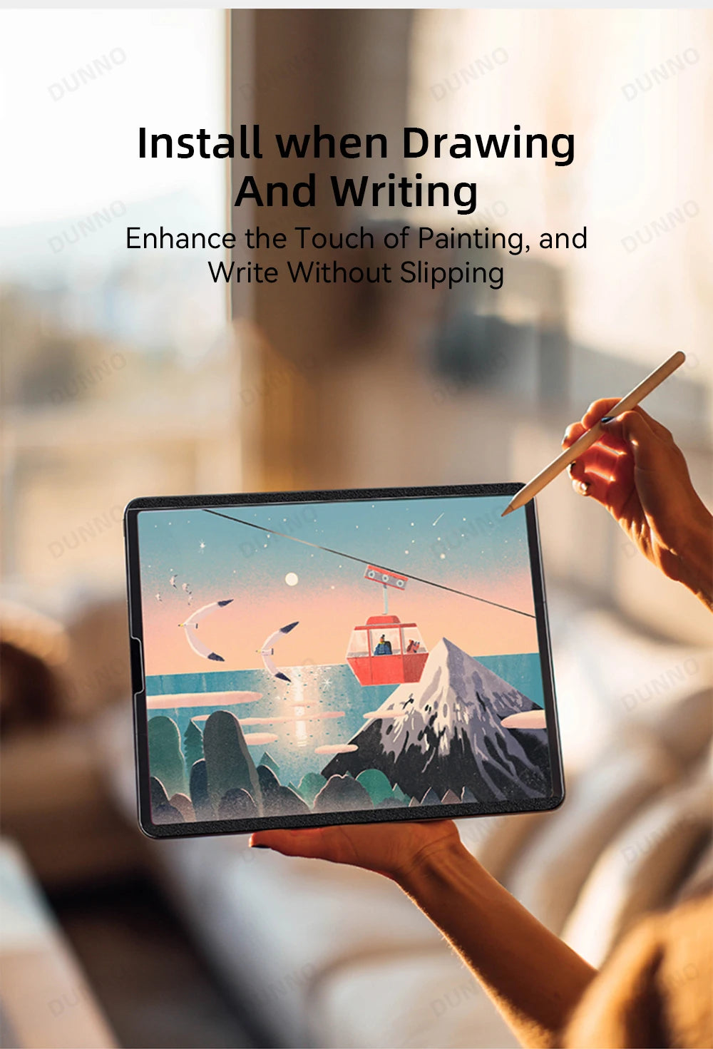 A hand is using a stylus to draw on an iPad screen protector while writing.