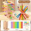 A wooden stick pulling game set featuring a tower and 36 colored sticks for a family pick-up game