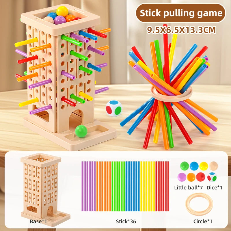 A wooden stick pulling game set featuring a tower and 36 colored sticks for a family pick-up game