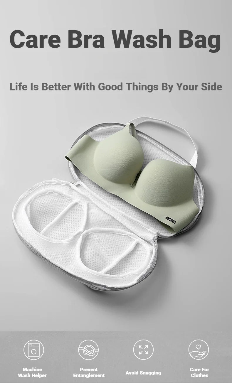 A light green care bra wash bag with a clear mesh interior is shown open, demonstrating features like machine wash help and s