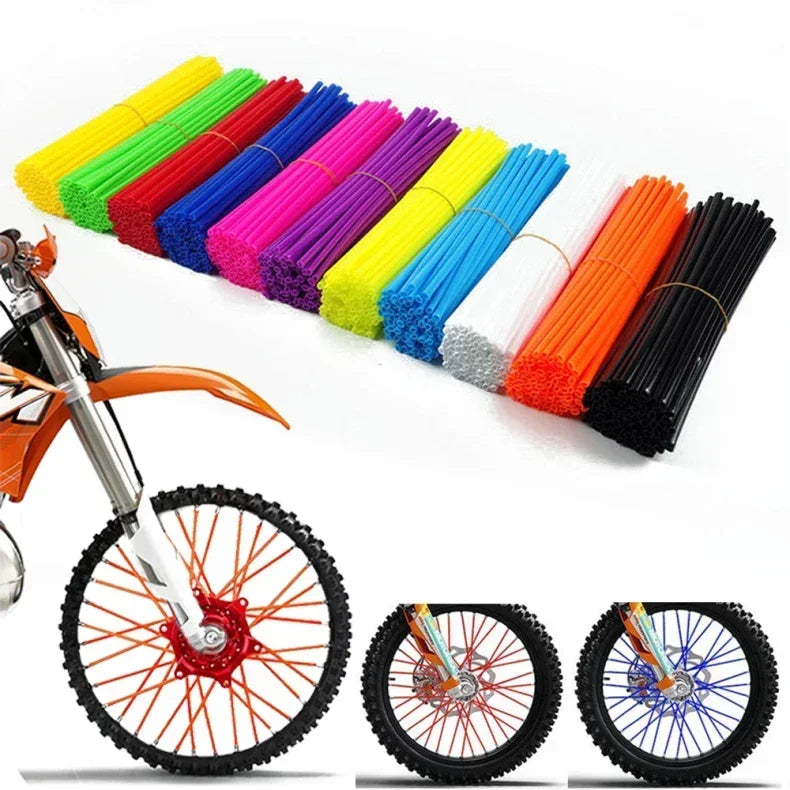 A set of 36 protective wrap covers for motorcycle wheel spokes in various colors and finishes.