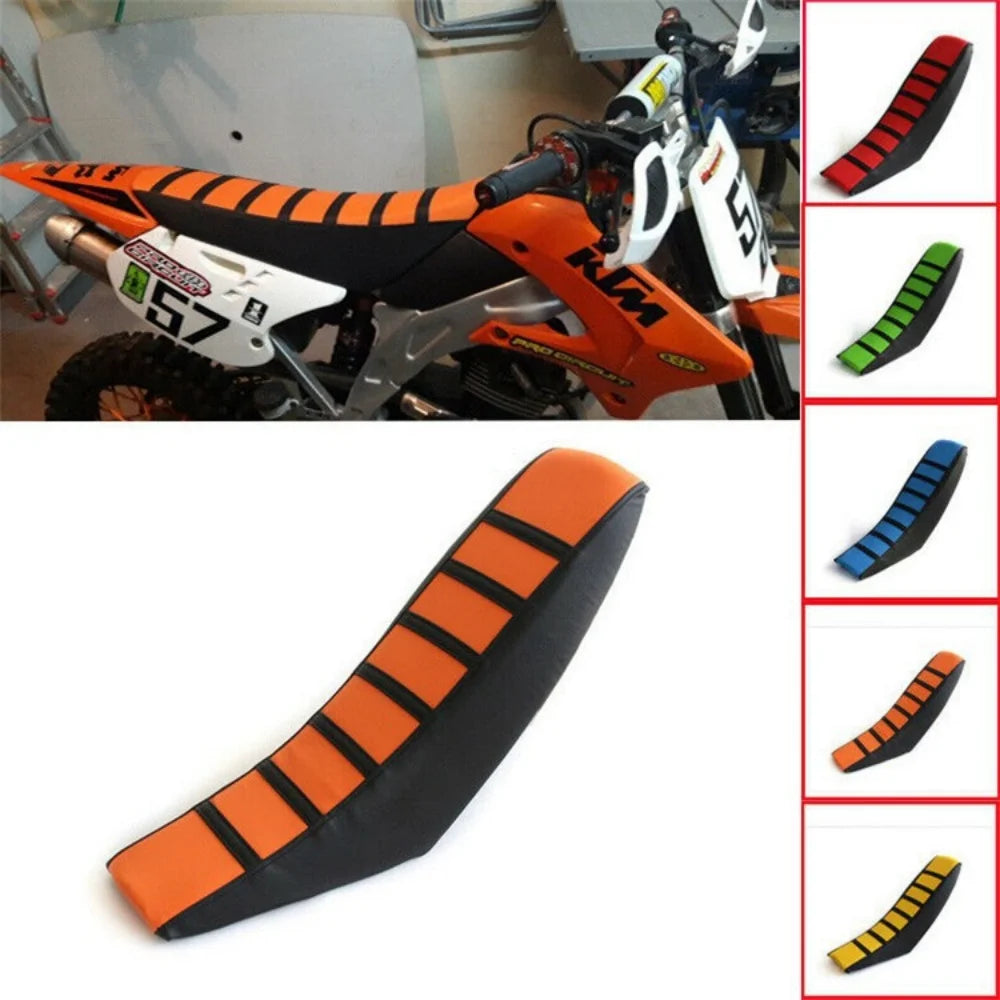 Orange and black striped soft grip seat cover for a motorcycle.