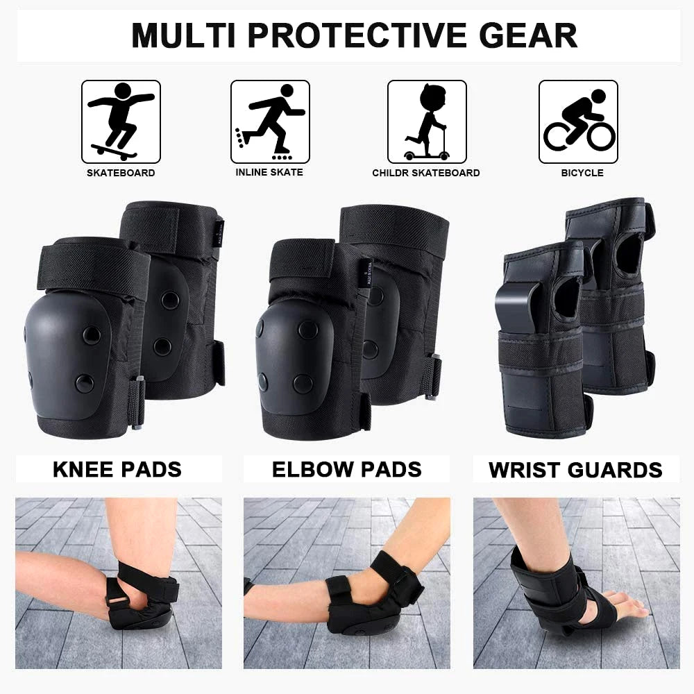 A set of multi protective gear including knee pads, elbow pads, and wrist guards for skating and cycling.