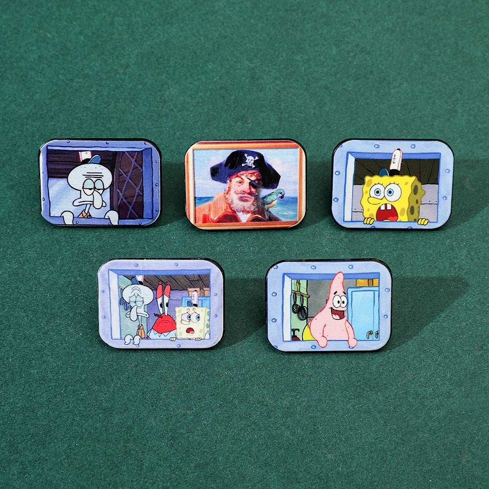 A set of enamel pins featuring characters from SpongeBob SquarePants and Captain Patrick Star