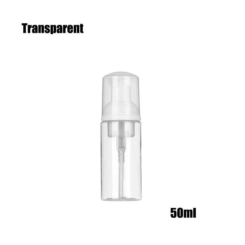 A clear, transparent 50ml refillable foaming soap dispenser bottle with a pump mechanism.