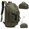 Olive green tactical gym backpack with a shoe compartment shown from the side and top view.