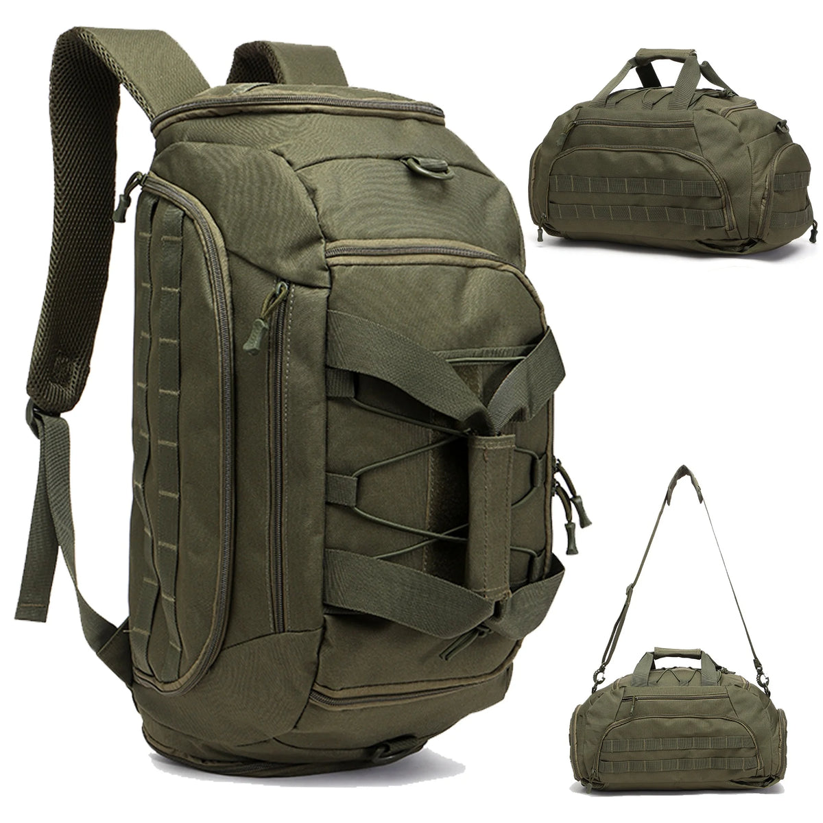 Olive green tactical gym backpack with a shoe compartment shown from the side and top view.