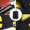 Black elastic luggage protector cover with a letter print shown in various angles.