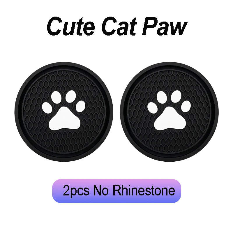 Two black non-slip waterproof coasters featuring a cute cat paw pattern.