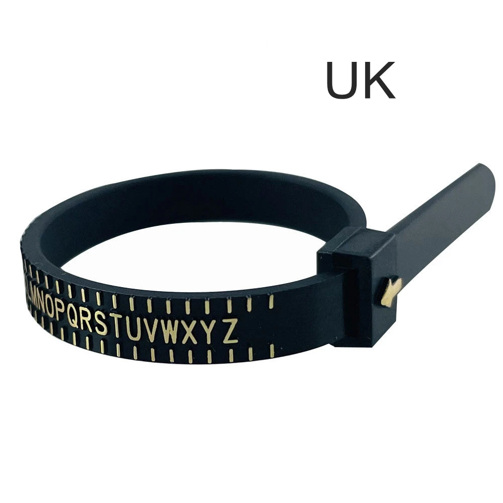 A black adjustable ring and bracelet sizer measuring tool with a metal clasp.