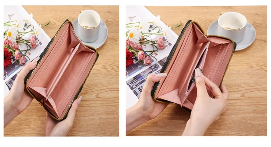 A pink leather wallet with a gold trim is shown open, next to a cup and some floral elements.
