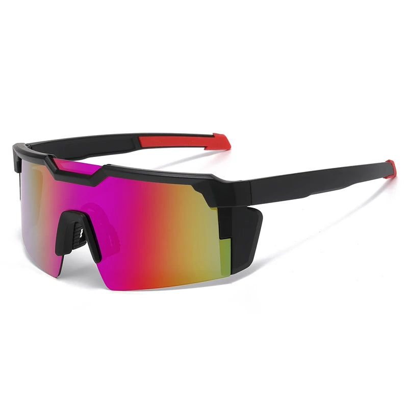 A pair of black sports sunglasses with vibrant rainbow-colored lenses shown against a white background.