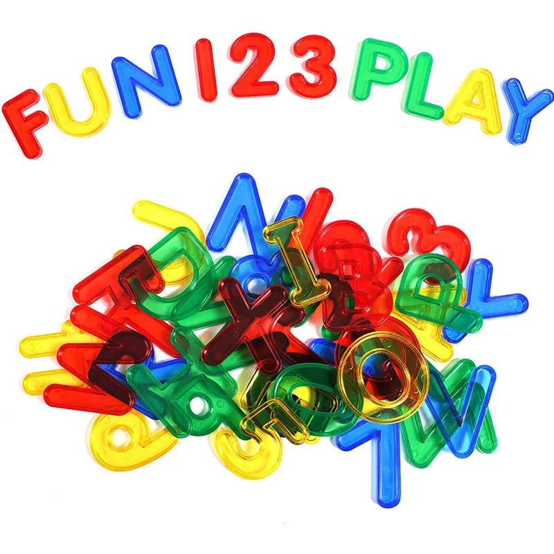 A colorful transparent number counting set for kids featuring various letters and numbers.