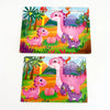 A wooden jigsaw puzzle featuring pink dinosaurs in a jungle landscape.