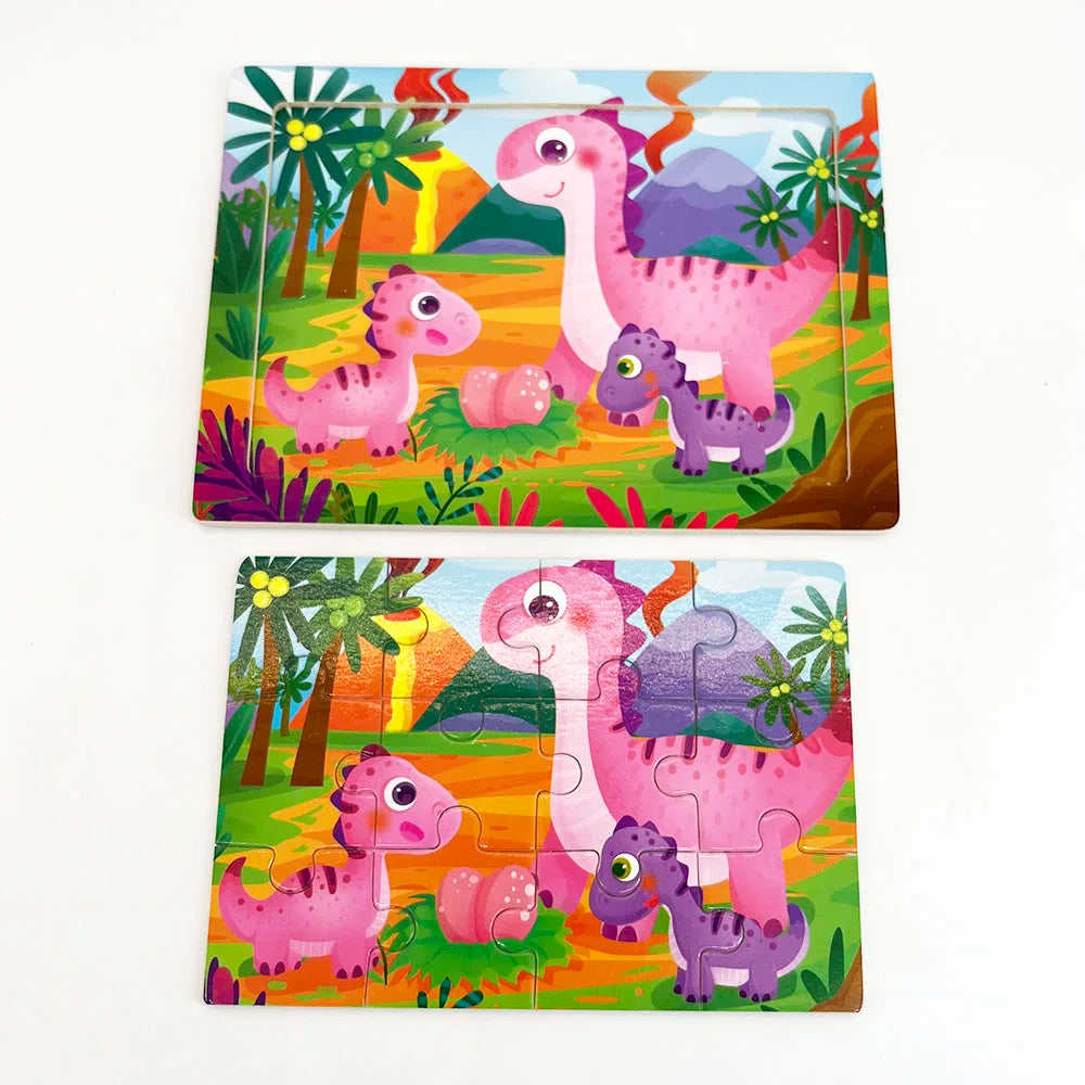 A wooden jigsaw puzzle featuring pink dinosaurs in a jungle landscape.