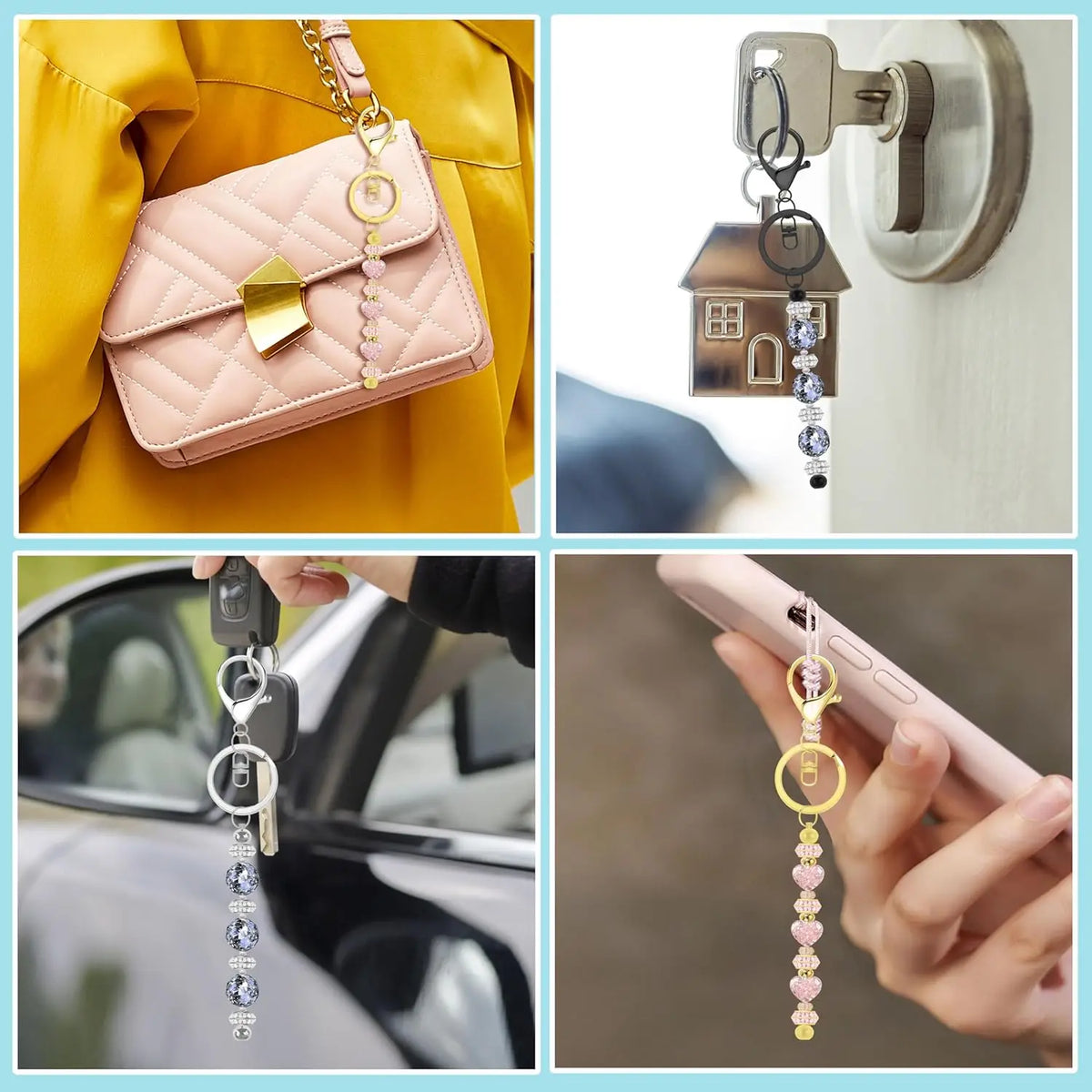 A pink quilted leather purse and various metal beadable keychain bars for DIY jewelry making.