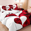 A romantic red rose floral duvet cover set featuring heart designs on white bedding.
