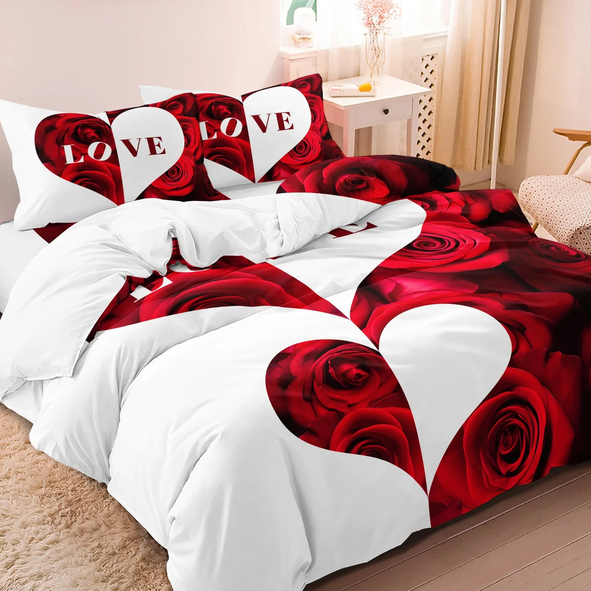 A romantic red rose floral duvet cover set featuring heart designs on white bedding.