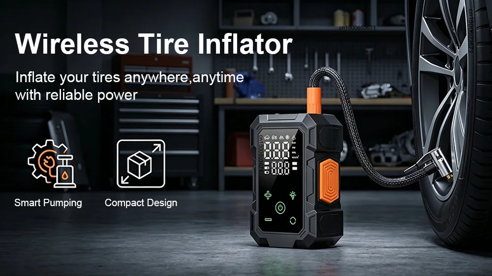 A portable cordless tire inflator with a digital display and orange accents is shown next to a car tire.