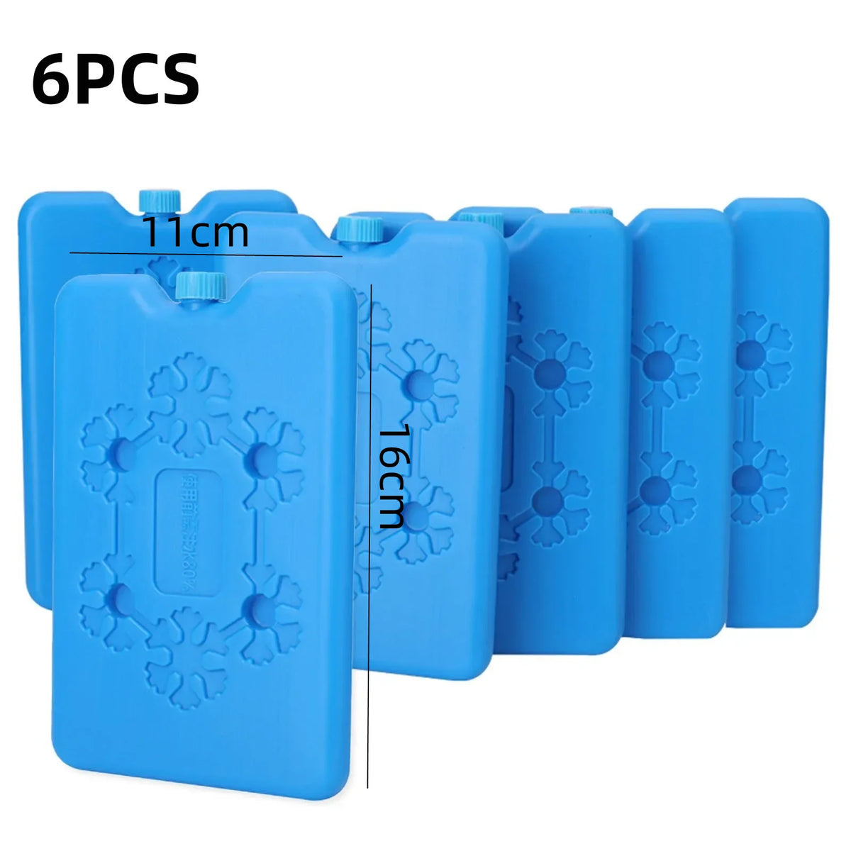 Six reusable blue leak-proof ice packs with floral patterns shown side by side.