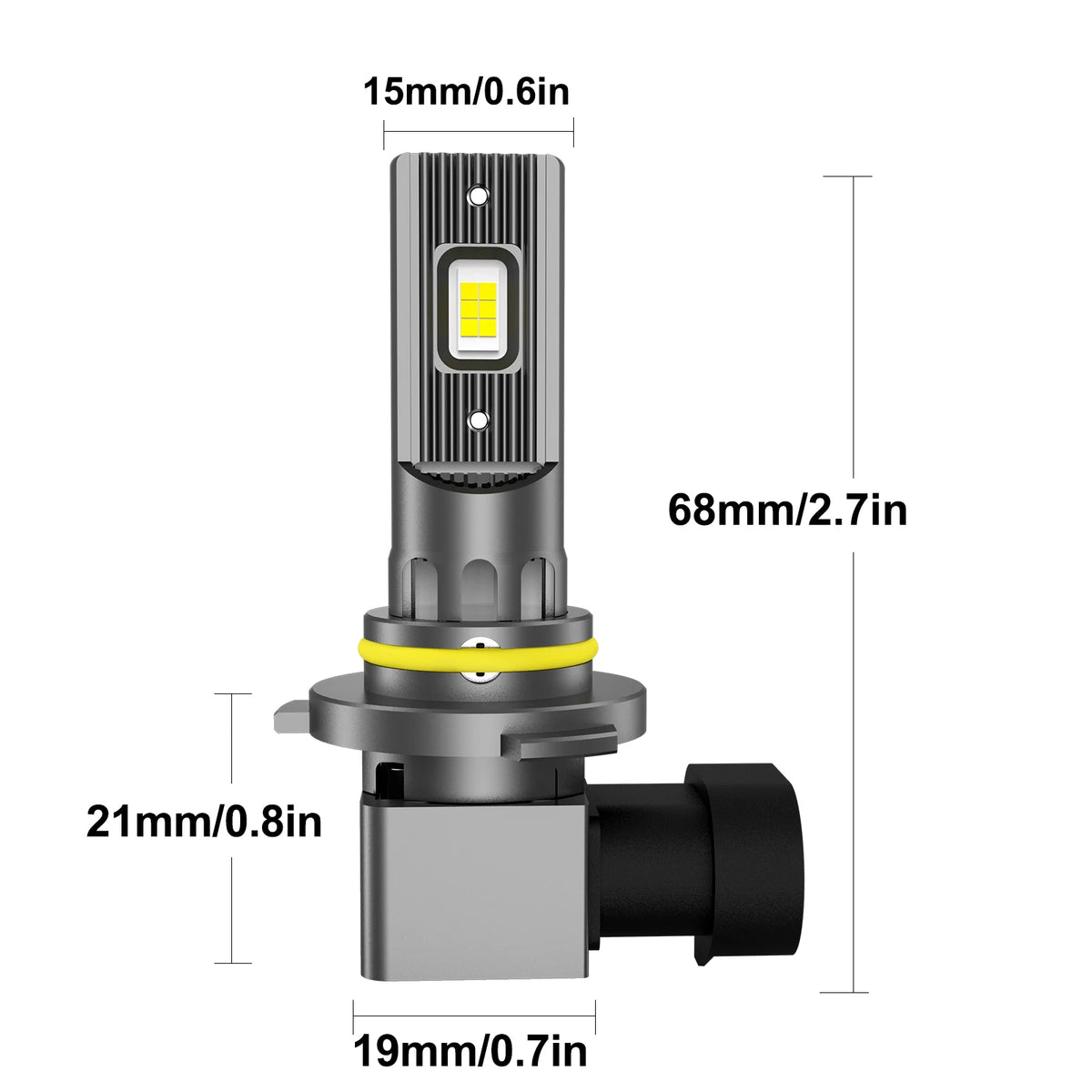 A vertical diagram showing the dimensions of an LED headlight bulb assembly, including the lens and mounting base.