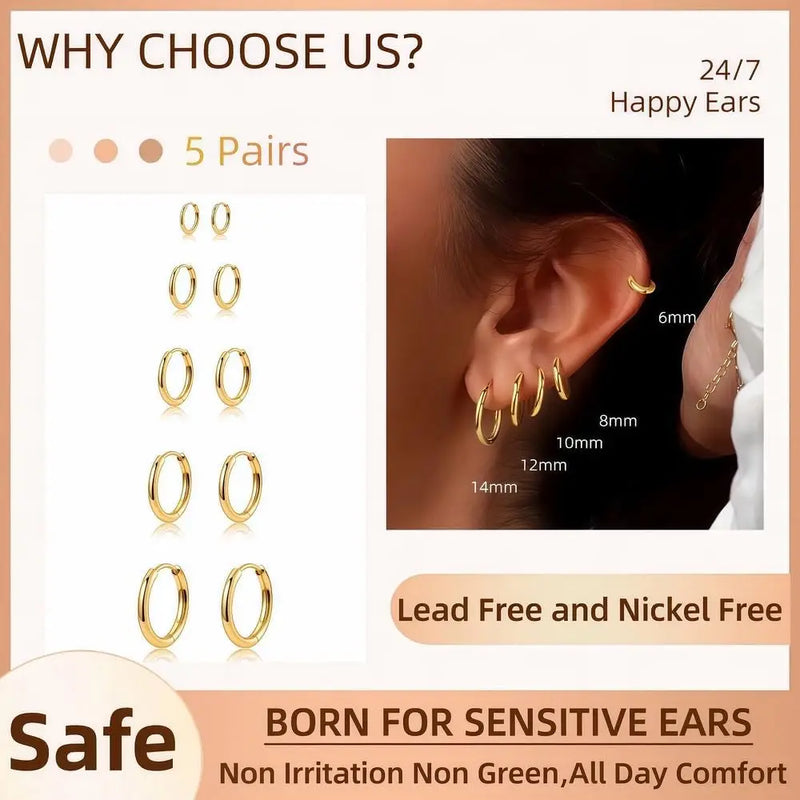 5-Piece Gold-Plated Huggie Hoop Earring Set