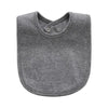 A gray soft cotton baby bib with a rounded shape and a collar detail.