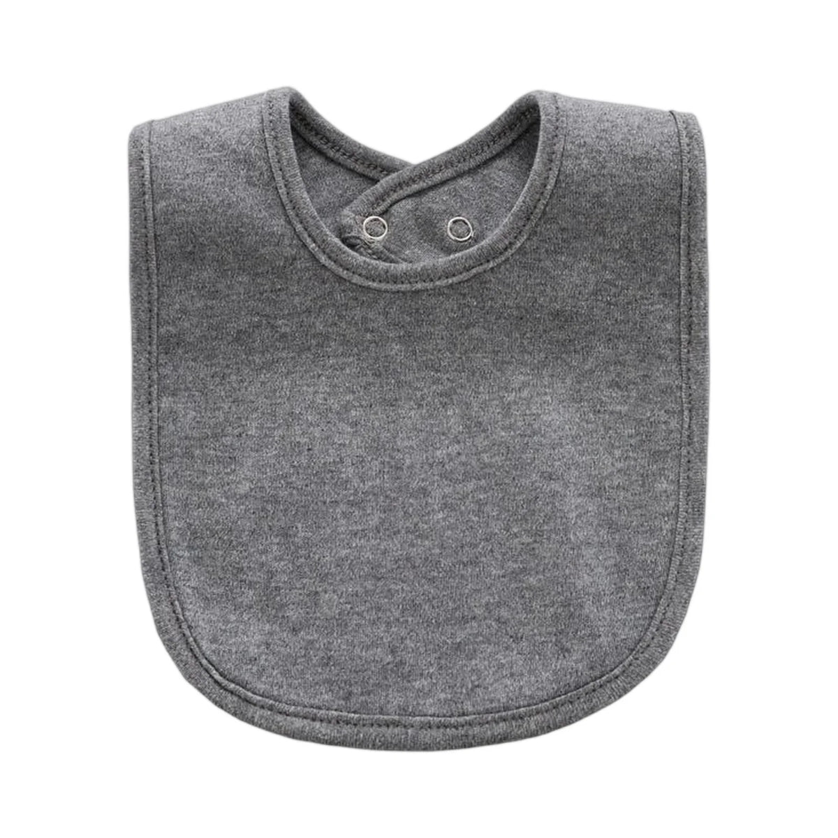 A gray soft cotton baby bib with a rounded shape and a collar detail.