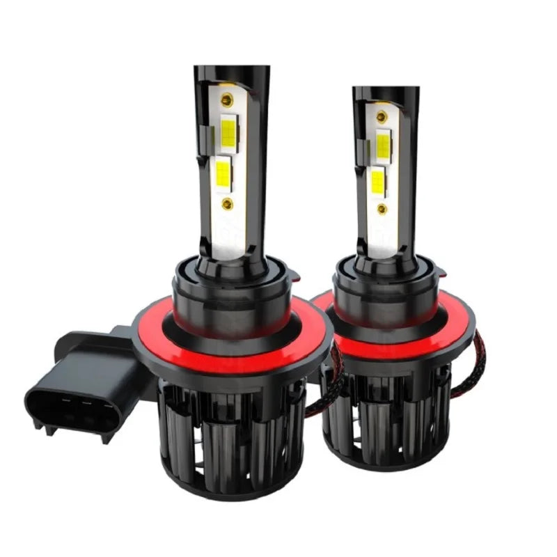 A pair of 9008 H13 LED headlight bulbs for a Ford F150, featuring black and red components.