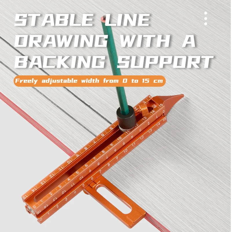 A green drawing line with a backing support is shown alongside an orange magnetic positioning marking ruler.