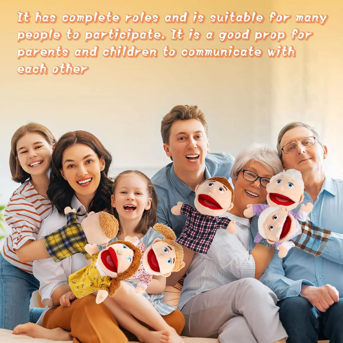 A diverse group of adults and children interacting with soft hand puppets for communication.