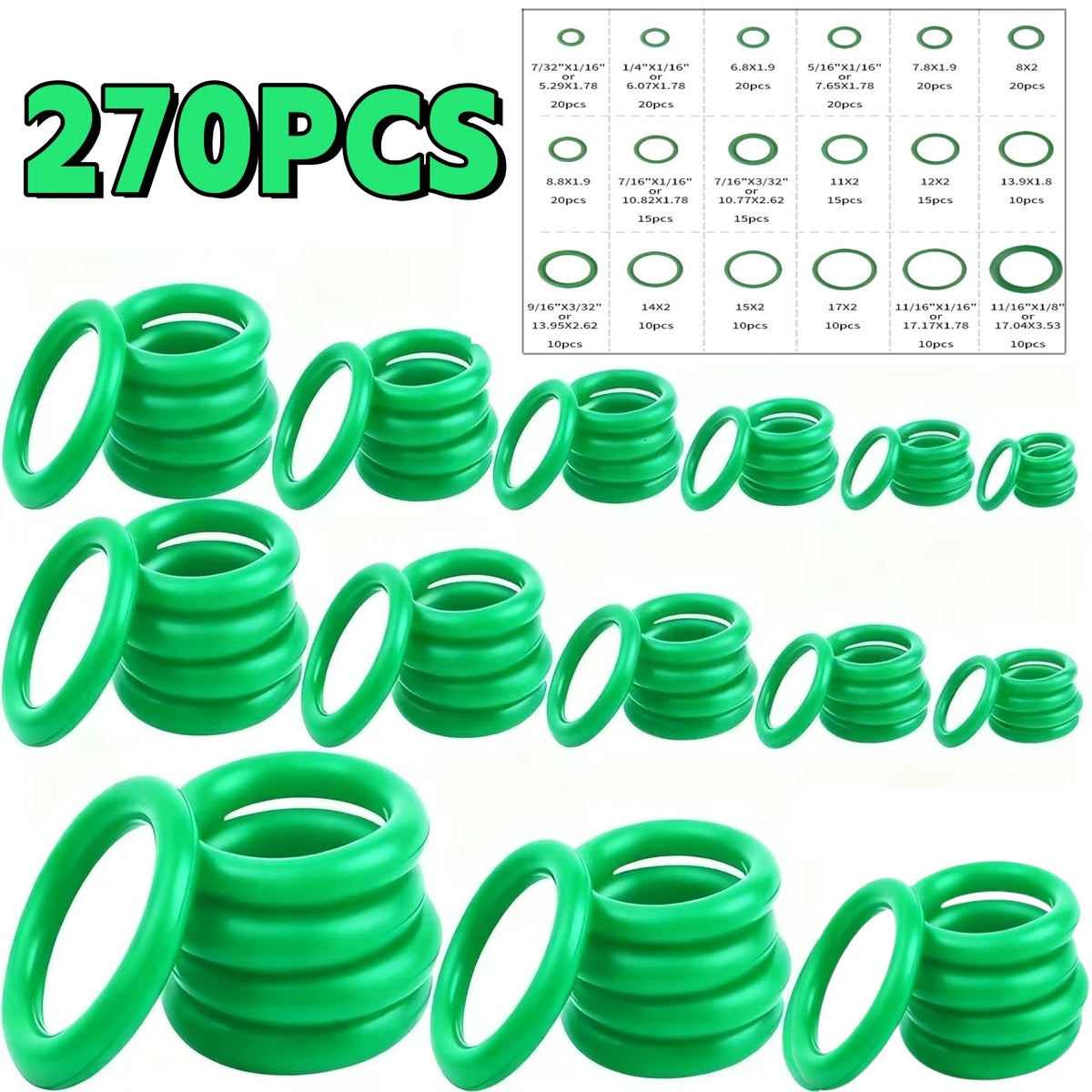 A collection of green automotive air conditioning O-ring gaskets and seals in various sizes and configurations.