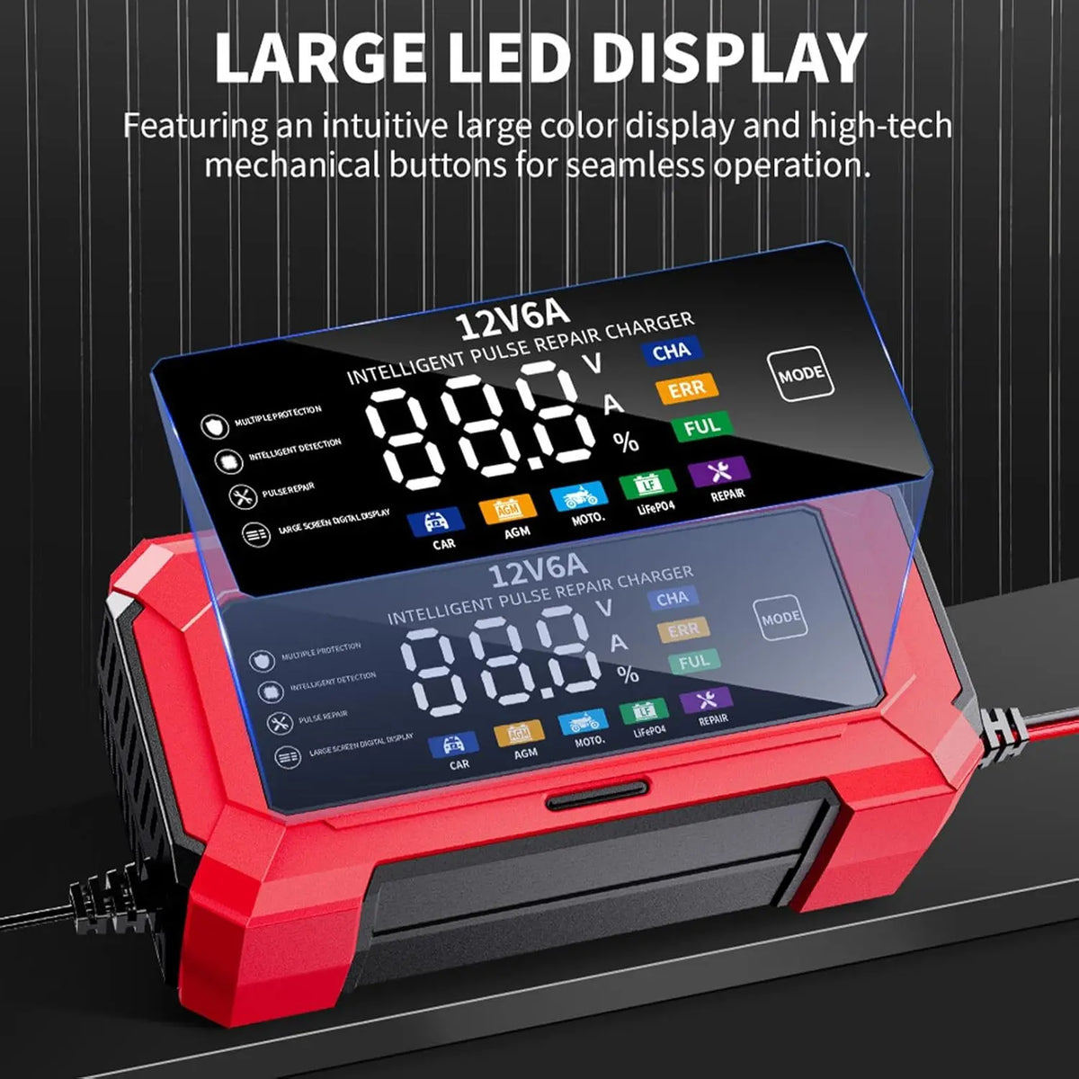 A red and black intelligent pulse repair charger with a large LCD display is shown on a dark background.