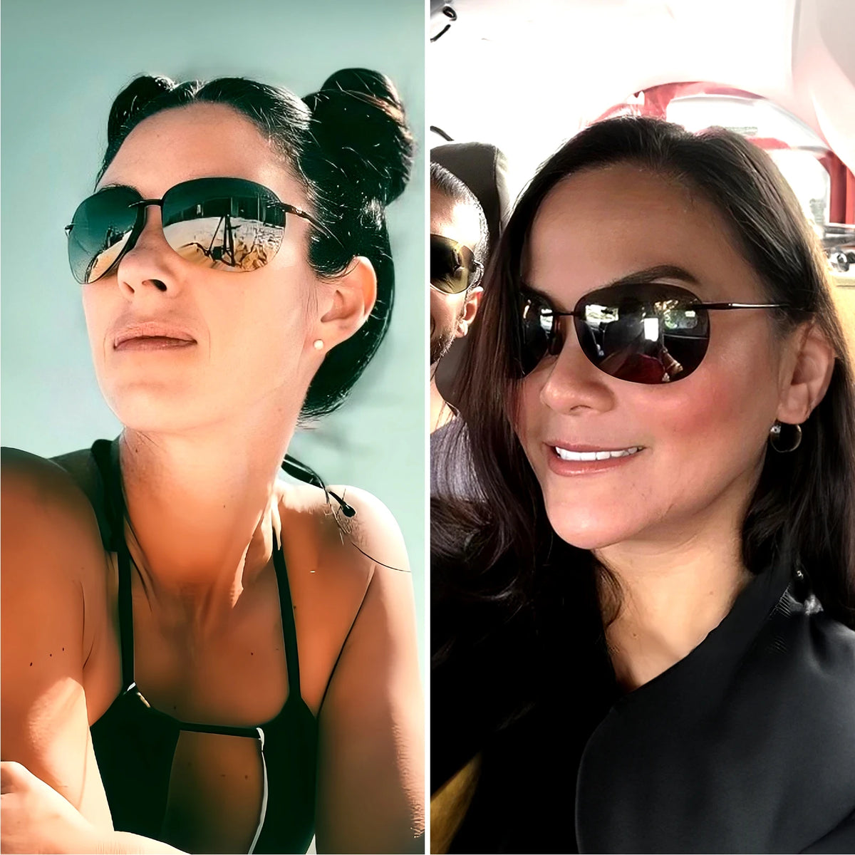 A woman wearing rimless polarized sport sunglasses outdoors.