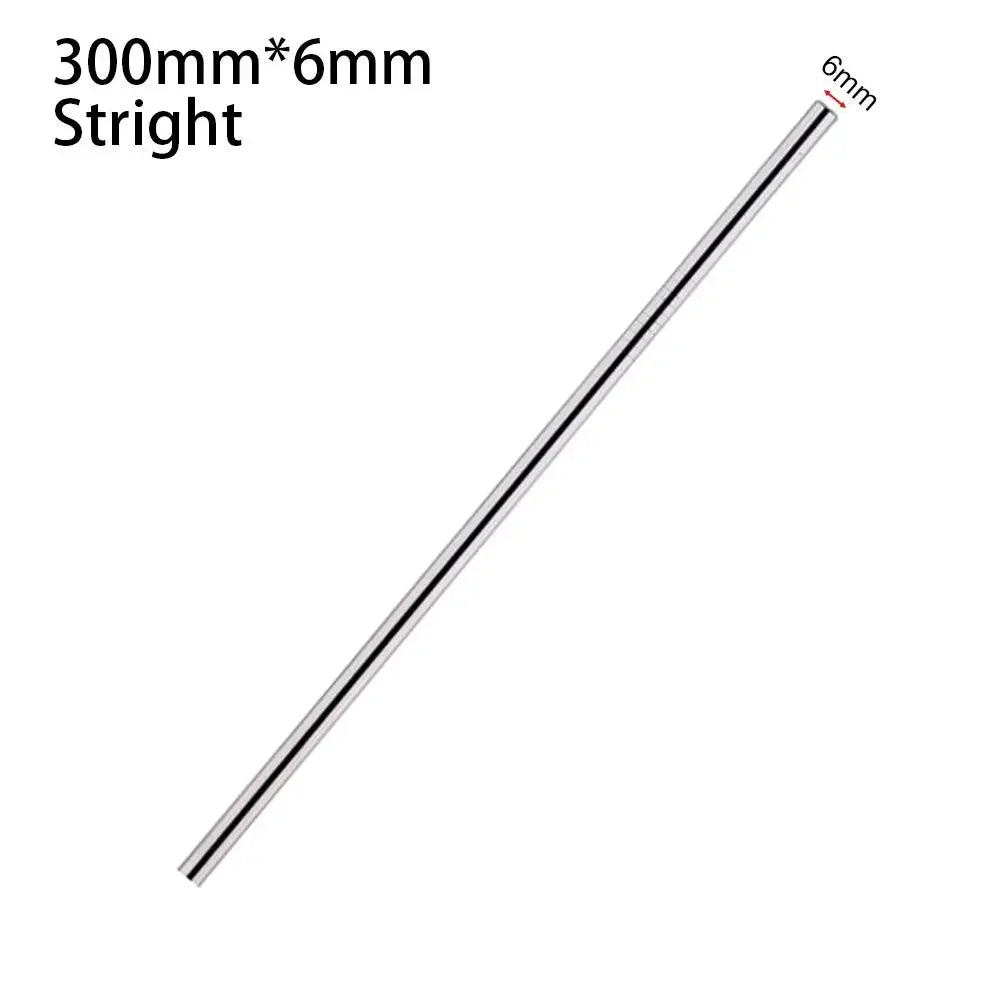 A straight stainless steel straw measuring 300mm long and 6mm in diameter.