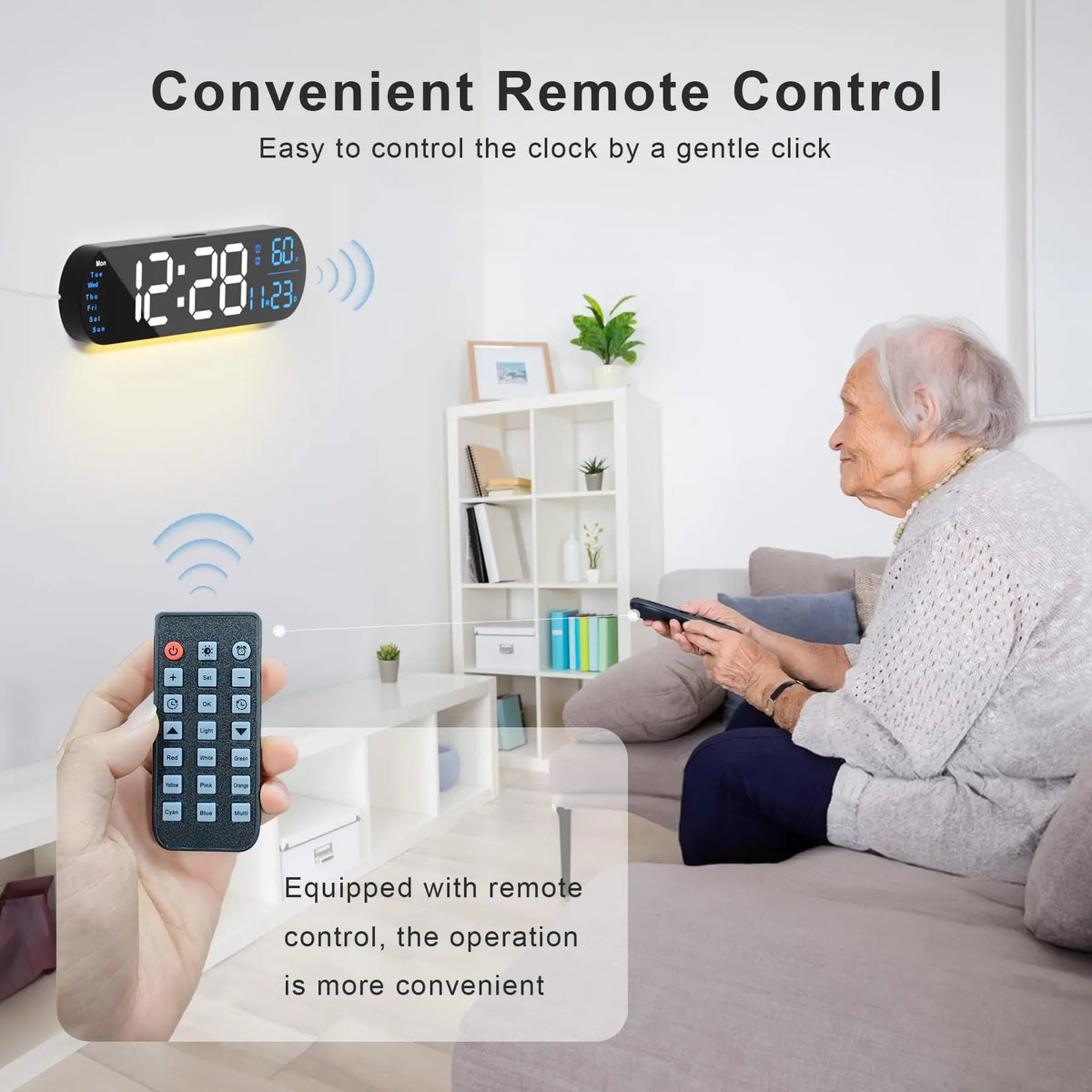 A woman is using a remote control to gently click and control a digital wall clock.