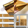 Double-sided gold window film showing installation and finished windows with privacy tinting.