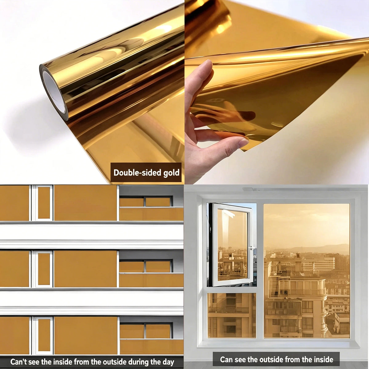 Double-sided gold window film showing installation and finished windows with privacy tinting.