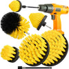 A set of yellow and black rotary cleaning brushes with extension shafts for drills.