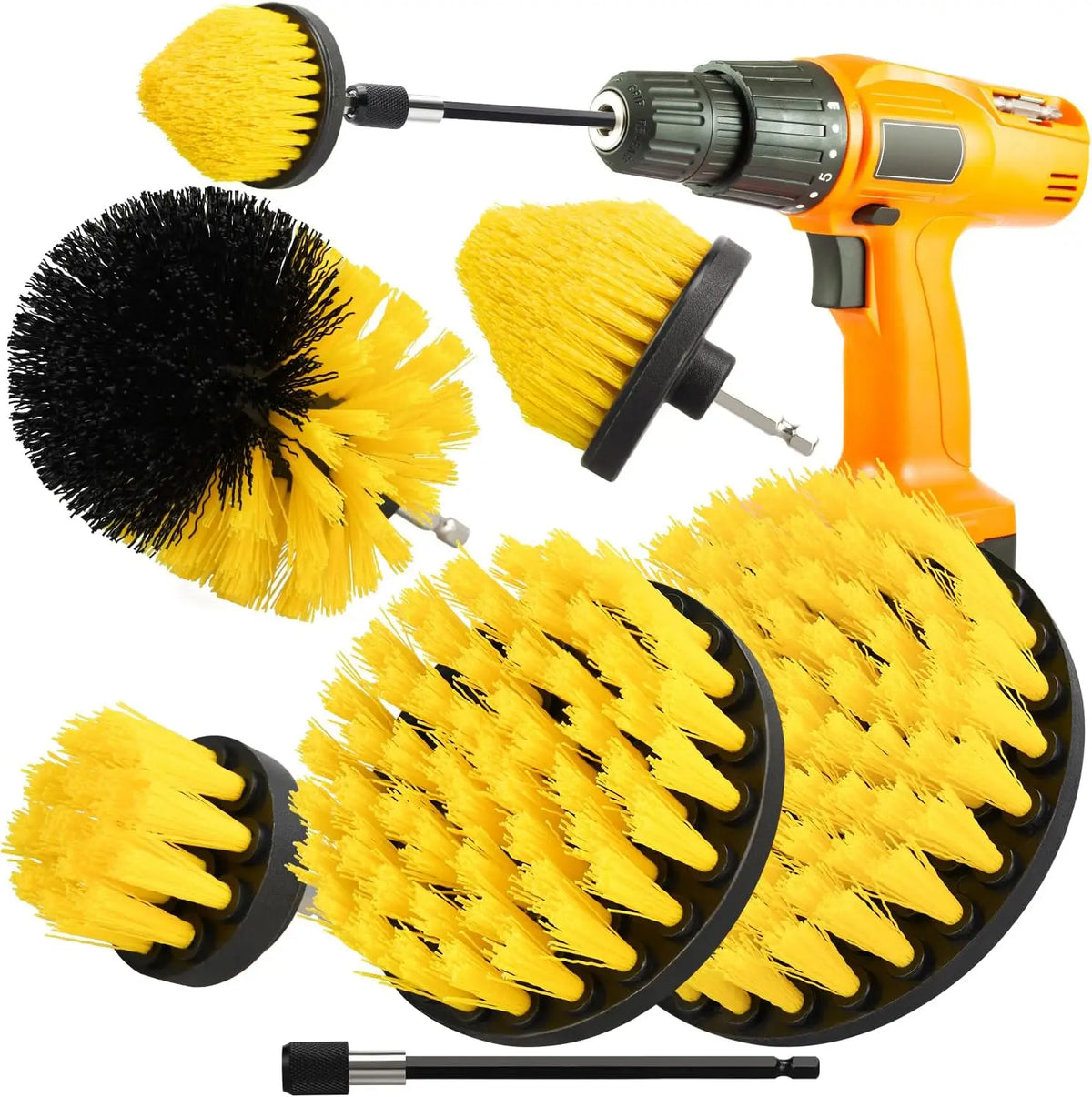 A set of yellow and black rotary cleaning brushes with extension shafts for drills.