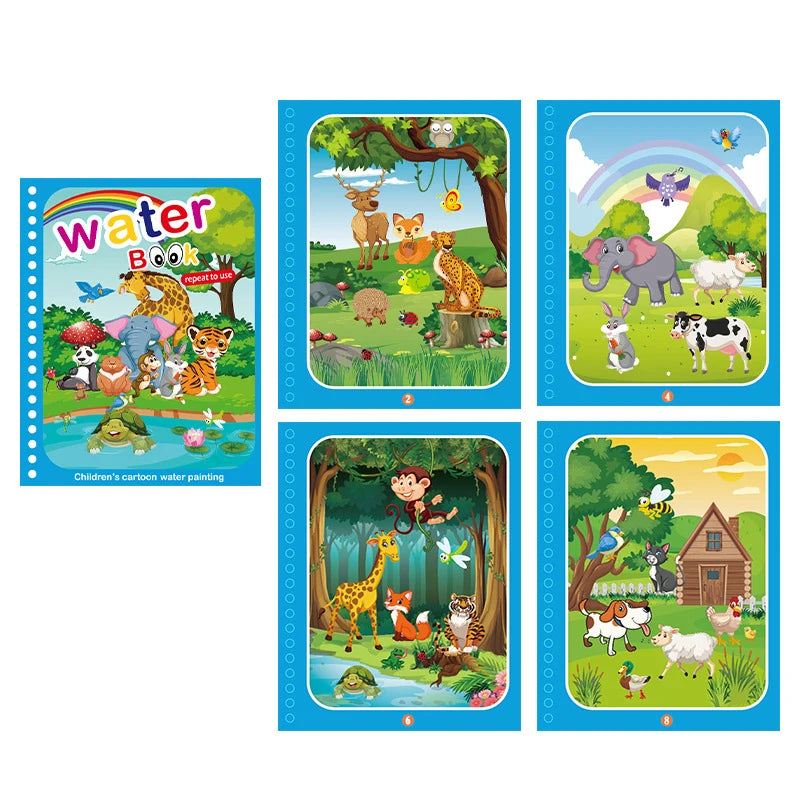 A set of five reusable magic water drawing books featuring cartoon animals and nature scenes for children.