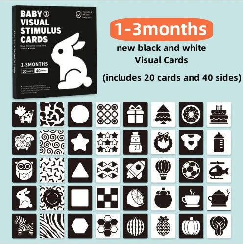 A set of black and white visual stimulus cards for babies, including 20 cards and 40 sides.