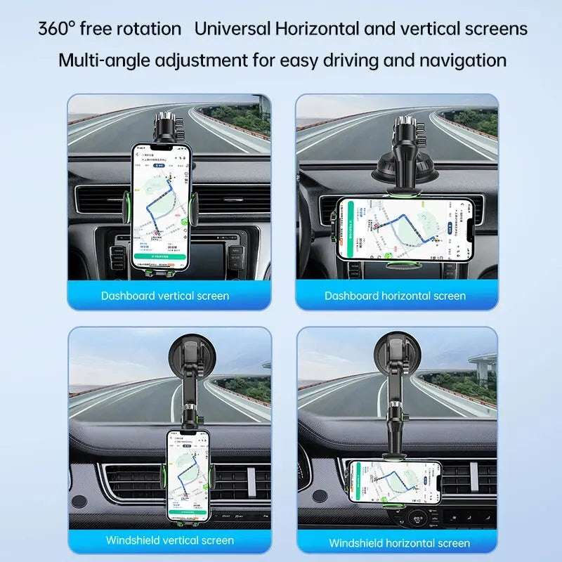 Soporte para teléfono de coche con ventosa, mostrando opciones de montaje vertical y horizontal para pantallas del tablero y 
