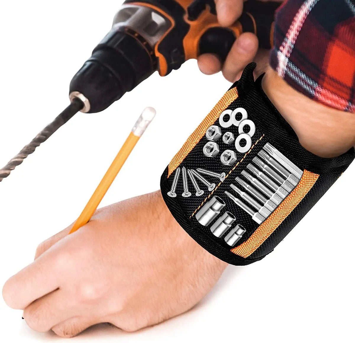 A hand holds a magnetic wrist strap with various screws and nails attached for tool storage.
