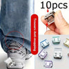 Ten clear plastic invisible hem shortening clips for trousers shown on a denim leg and various close-up views.