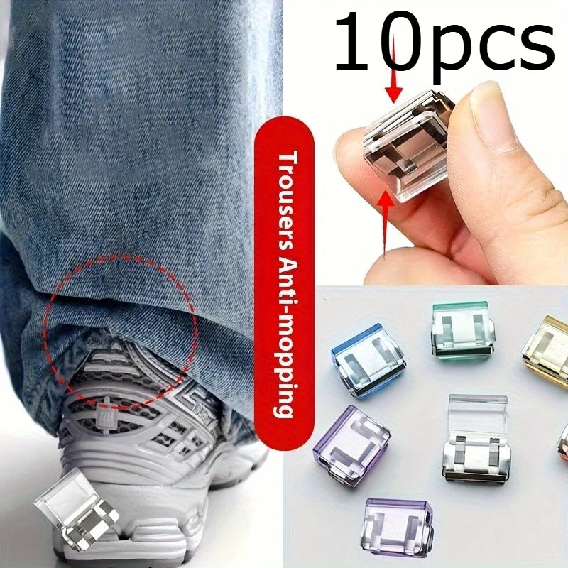 Ten clear plastic invisible hem shortening clips for trousers shown on a denim leg and various close-up views.