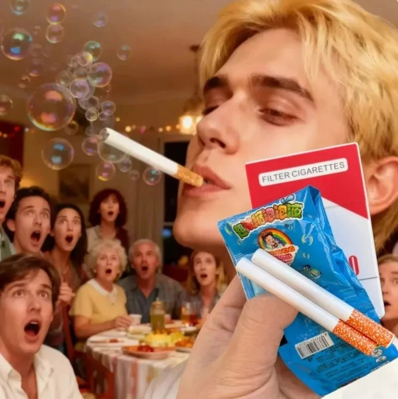 A hand holds a blue package of filter cigarettes with white pipes, set against a background of people.