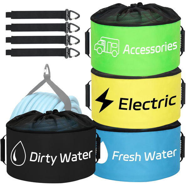 A set of four waterproof storage bags for RV accessories, electric items, dirty water, and fresh water.