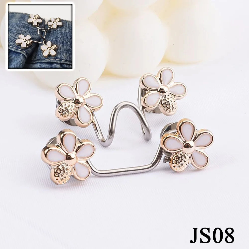 Silver and gold floral buttons used as no-sew adjustable waist tightener buttons for jeans